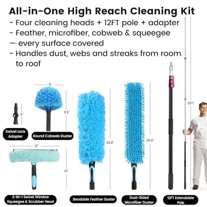 20FT High Reach Cleaning Kit - Includes 12FT Telescoping Extension Pole Bendable Chenille Duster & Microfiber Duster Cobweb Duster Glass Scrubber & Squeegee Swivel Head - for Ceiling Fans Windows - size: 12ft+5PC-kit1