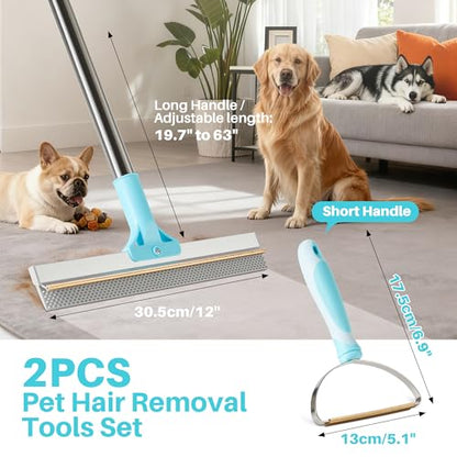 JOYMOOP 2 PCS Carpet Rake for Pet Hair Removal, 63" Adjustable Long Handle and Short Handle Carpet Scraper for Rugs, Sofa,Cloth, Metal & Silicone Dog Hair Carpet Rake - size: 2 PCS[1 Long Handle+1 Short Handle]