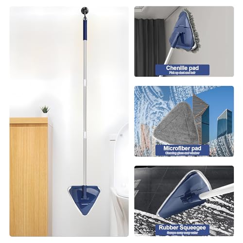 Wall Cleaner Mop with 82" Handle, 360° Rotating Triangle Head and Microfiber Pads, Built-in Squeegee for Ceiling Mop, Baseboard Cleaning and Windows - color: Blue