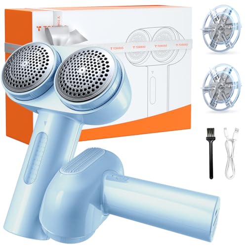 TORRAS Dual-Head Fabric Shaver, Longest Durability & 50ml Large Capacity Rechargeable Lint Removers to Remove Pills, 6-Leaf Blades Defuzzer, Electric Shaver for Clothes Couch Furniture, Blue - color: Light Blue