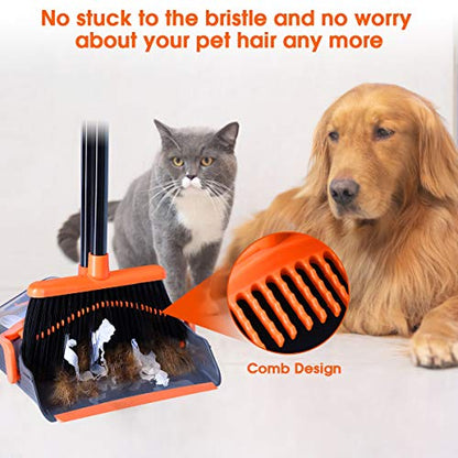 Broom and Dustpan Set, Broom Dustpan with 40"/52" Long Handle, Comb Teeth and Rubber Lip Design, Upright Broom and Dustpan Set for Home Room Office Lobby Floor Use