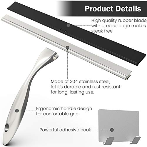 Shower Squeegee with Self Adhesive Hook, 10 Inches Stainless Steel Squeegee Cleaner, All-Purpose Window Scraper for Bathroom Doors, Mirror, Windows and Car Glass (10 Inch, Silver)