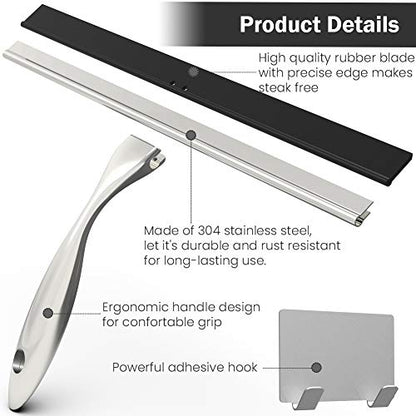 Shower Squeegee with Self Adhesive Hook, 10 Inches Stainless Steel Squeegee Cleaner, All-Purpose Window Scraper for Bathroom Doors, Mirror, Windows and Car Glass (10 Inch, Silver)