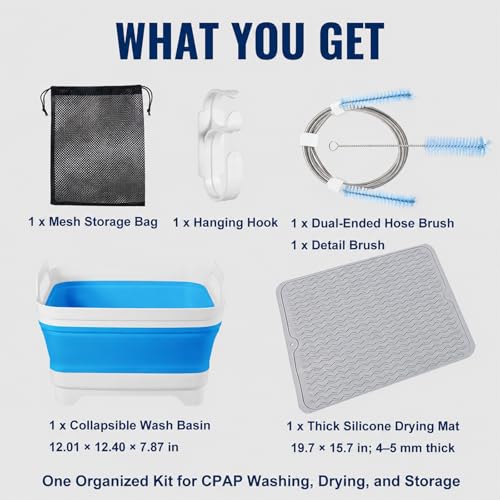 CPAP Cleaning Kit with 40 x 50 cm Thick Silicone Drying Mat, Collapsible Wash Basin, 78.7 in Hose Brush for 22 mm & 15 mm Tubing, Detail Brush, Hook & Mesh Bag for CPAP/BiPAP Hose & Mask Care - color: Pro