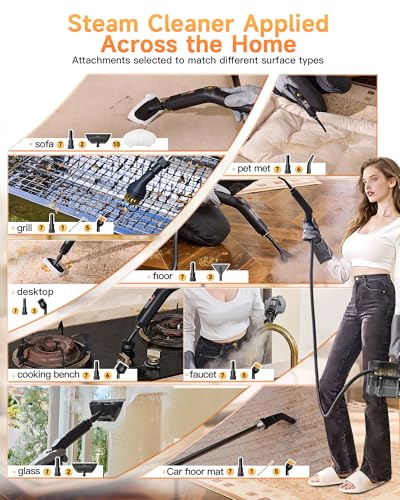 Gautye Steam Cleaner, 3 Level Adjustable Handle with 18 Accessories, Black | 10s Heat Up, 2.11 Quarts Tank, Handle Steam Cleaner for Home, Steamer for Cleaning for Kitchen, Grout, Dirt, Tile, Floor, Car
