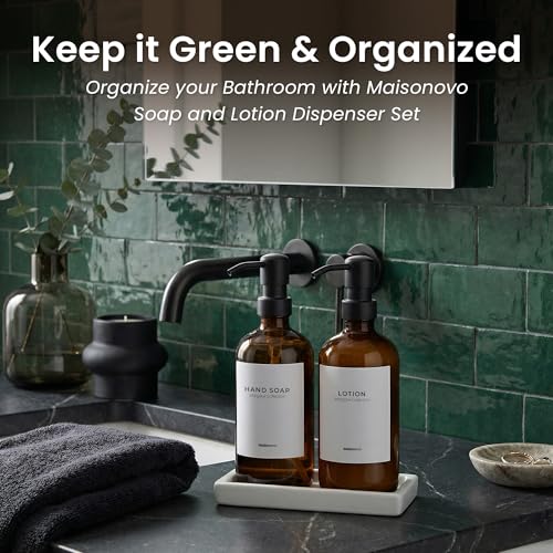 MaisoNovo Soap and Lotion Dispenser Set - Bathroom Soap Dispenser Set with Amber Glass Soap Dispenser, Black Pumps & Ceramic Tray - color: Amber Bottles/ Black Pumps/ White Ceramic Tray