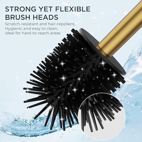 FORIOUS Toilet Brush and Holder Set, SUS304 Stainless Steel Square Base, Extended Long Handle, Drip-Proof & Space Saving, 2 Replaceable Brush Heads, Plastic & Silicone Dual Brush Head, Drak Gold - color: Brushed Gold