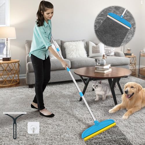 Carpet Rake for Dog Hair Remover: 2 in 1 Reusable Pet Hair Remover – 60‘’ Adjustable Long Handle Carpet Removal Tool for Dog Cat Human Hair – Carpet Scrape Cleaning for Rug Couch Bed
