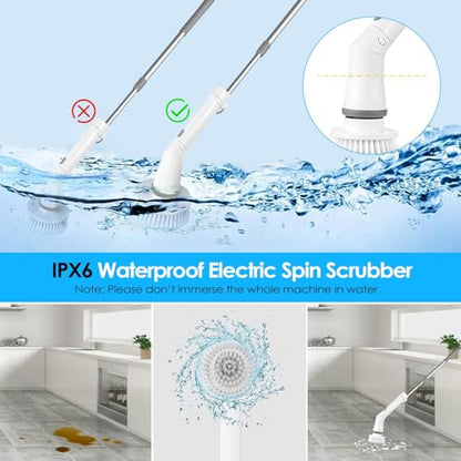 TeqHome Electric Spin Scrubber, Cordless Power Shower Cleaning Brush with 6 Replaceable Brush Heads, 2 Adjustable Speeds,Adjustable & Detachable Extension Long Handle for Bathroom Floor Tile Tub Basin
