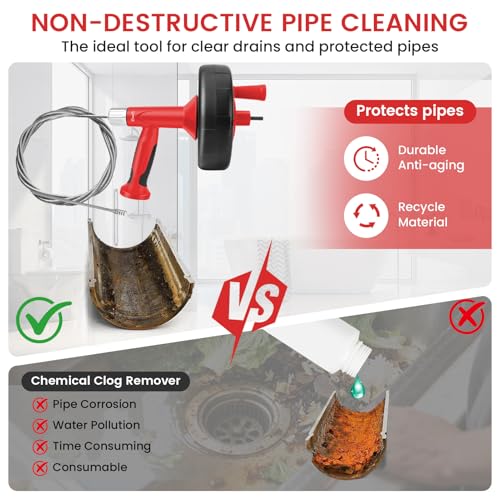 XJX Drain Auger, Plumbing Snake with Drill Adapter, 25FT Flexible Steel Drain Clog Remover, Manual or Powered for Kitchen, Bathroom & Shower Sink, with Gloves and Storage Bag Red - color: Red