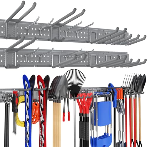 Garage Tool Organizer Wall Mount 99 inches with 18 Adjustable Heavy-Duty Hooks, Garage Organization, Garden Tool Storage Rack, Yard, and Shed, Holds Up to 750 lbs (Grey) - size: 99" | 6 Panels + 18 Hooks