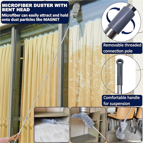 4 Pack 20+ Feet High Reach Dusting Kit with 3-14 ft Spliceable Pole //2 in 1 Window Cleaning Kit // High Ceiling Duster // Cobweb Microfiber Duster // Ceiling Fan Duster Cleaning Kit for Home Clean