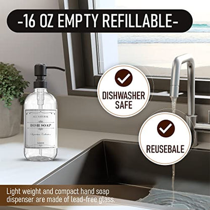 Sunrise Premium 2 Pack Clear Glass Soap Dispenser 16 OZ with Matte Black Stainless Steel Pump, Hand and Dish Soap Dispenser Set for Bathroom and Kitchen Sink with 6 Waterproof Labels - color: Matte Black Ss Pump - Clear Glass
