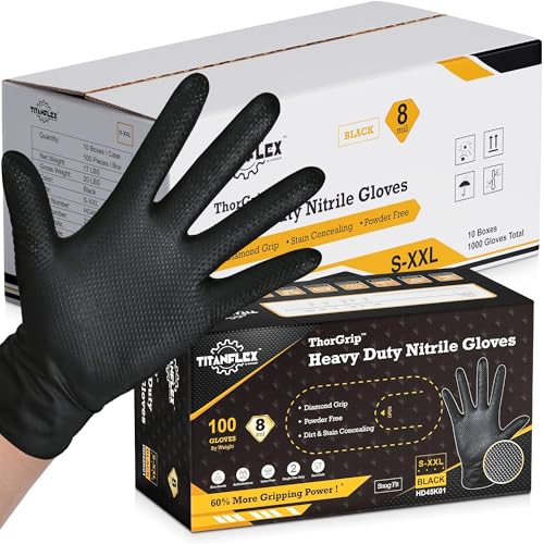TitanFlex Heavy Duty Black Industrial Nitrile Gloves with Raised Diamond Texture, Latex Free (6mil/8mil) - color: 03 8mil (1000ct), size: Medium