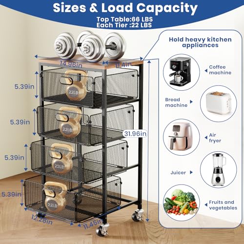 Goovilla Kitchen Cart with Drawers, 4 Tier Metal Rolling Utility Cart Organizer on Lockable Wheels with Wooden Top, Black Fruit Vegetable Storage Rack Also for Cans, Snack, Craft, Art, Office, Beauty - size: Black
