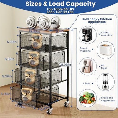 Goovilla Kitchen Cart with Drawers, 4 Tier Metal Rolling Utility Cart Organizer on Lockable Wheels with Wooden Top, Black Fruit Vegetable Storage Rack Also for Cans, Snack, Craft, Art, Office, Beauty - size: Black