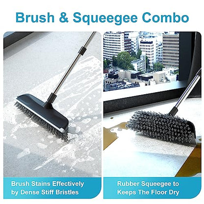 ITTAR Floor Scrub Brush with 55" Long Handle, 10" Wide Stiff Bristles Deck Brush, Stainsless Steel Pole Heavy-Duty Cleaning Brush, 2-in-1 Scrubber with Ruber Squeegee for Deck, Patio, Pool, Tile, Wall