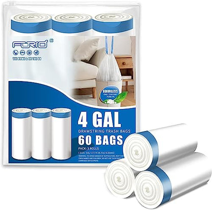 FORID Small Drawstring Trash Bags - 4 Gallon Plastic Garbage Bags White Unscented Can Liners 60 Count Strong Wastebasket Bags for Bathroom Office Home Kitchen Bedroom Travel 15 Liter - Durable & Thick - color: Best Seller: 4 Gallon - 60 Pack