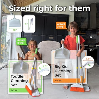 Quiggly Big Kid Toy Cleaning Set - Spray Mop, Broom, Dustpan, Ages 5-8 | Plus brush, one-hand squeeze & spray, Montessori cleaning 4-piece tool kit - size: Big Kid, style: Cleaning Set