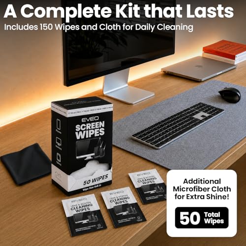 EVEO Screen Wipes - Electronic Wipes, Computer Screen Cleaner Wipes for Electronics | Computer Screen Wipes Phone Wipes & Lens Wipes for PC, Laptop, Phone, Car & More - Microfiber Included (50 Pack) - size: 50 Pack