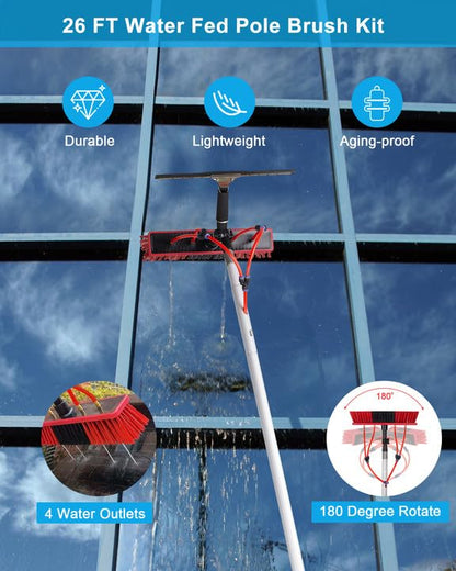 26ft Solar Panel Cleaning Brush & Squeegee, 2 Dusting Brush, Lightweight & Extendable Poles, Water Fed Poles Kit for Roof Window Greenhouse - size: 26ft
