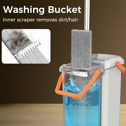 Flat Mop and Bucket Set with Wringer, Hands-Free Floor Mop System | Hands-Free Wringing, Wet & Dry Microfiber Pads, Wall & Floor Cleaning, Detachable Stackable Bucket
