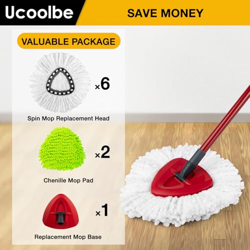 Spin Mop Replacement Heads Compatible with Ocedar EasyWring 1-Tank System, Duster Mop Head for Ocedar, 6 Pack Spin Mop Refills, 2 Pack Chenille Mop Pads, 1 Mop Base for deep Cleaning - size: 8+1 Mop Set(1 Tank System)