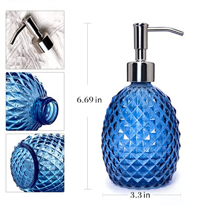 Glass Soap Dispenser with Stainless Steel Pump, 12oz Clear Dish Soap/Hand Soap/Laundry Soap/Lotion Dispenser, Refillable Liquid Dispenser for Bathroom Kitchen Shower (Blue) - color: Blue
