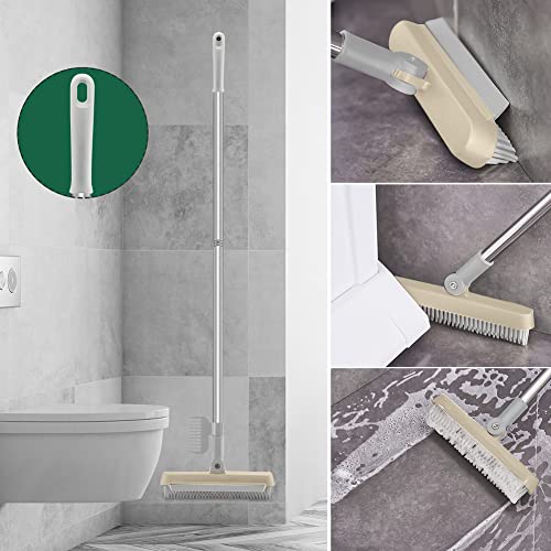 3 in 1 Floor Scrub Brush with Squeegee and Long Handle, 3 in 1 Silicone Crevice Grout Brush with 180 Degree Rotating Head for Floor Kitchen Bathroom Wall Deck Tile Cleaning - color: Khaki