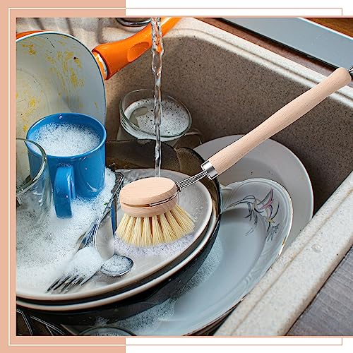Maxdot 4 Pcs Kitchen Dish Brush with Beechwood Handle Natural Wooden Handle Scrub Brush Fiber Bristles Dish Scrub 2 Inch Replacement Brush Head for Pots Pans Utensils Washing Supplies