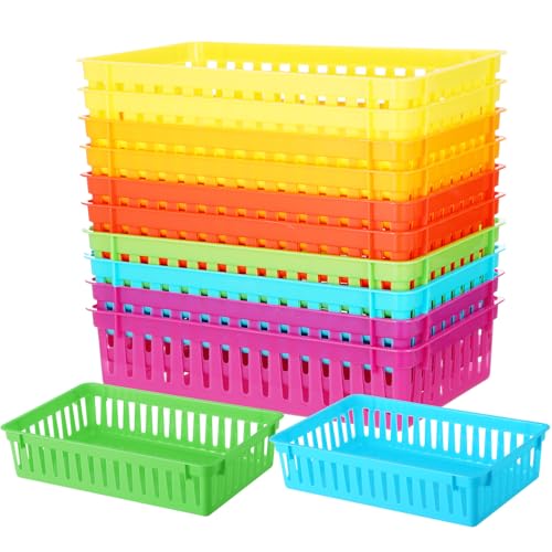 Wenqik Set of 12 Small Plastic Baskets for Organizing 10.24 x 6.5 x 2.36 Inch Pharmacy Baskets Rectangular Trays Plastic Organizer for Office Pharmacy Dorm Kitchens, Closets Shelves(Colorful) - color: Colorful
