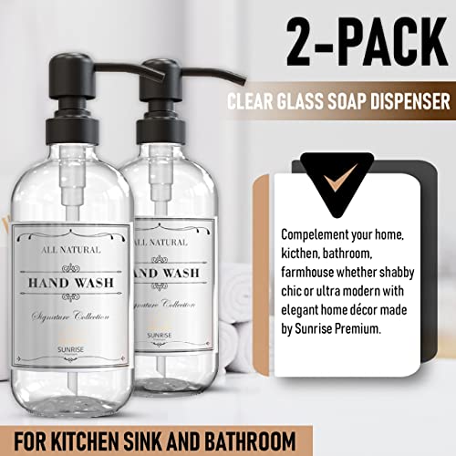 Sunrise Premium 2 Pack Clear Glass Soap Dispenser 16 OZ with Matte Black Stainless Steel Pump, Hand and Dish Soap Dispenser Set for Bathroom and Kitchen Sink with 6 Waterproof Labels - color: Matte Black Ss Pump - Clear Glass