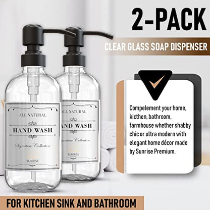 Sunrise Premium 2 Pack Clear Glass Soap Dispenser 16 OZ with Matte Black Stainless Steel Pump, Hand and Dish Soap Dispenser Set for Bathroom and Kitchen Sink with 6 Waterproof Labels - color: Matte Black Ss Pump - Clear Glass