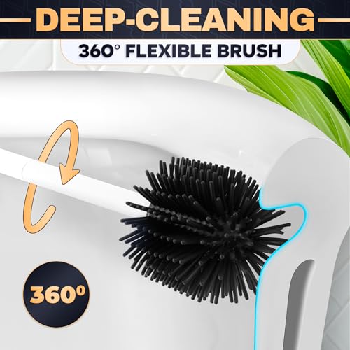 Toilet Brush and Holder Set - Silicone Toilet Bowl Brush with White Holder Base, Compact Bath Accessory for Small Spaces - Easy to Place and Simple to Store After Use, Plastic Bathroom Cleaning Tool - color: White