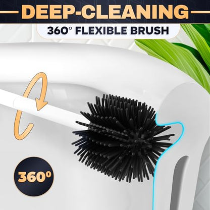 Toilet Brush and Holder Set - Silicone Toilet Bowl Brush with White Holder Base, Compact Bath Accessory for Small Spaces - Easy to Place and Simple to Store After Use, Plastic Bathroom Cleaning Tool - color: White
