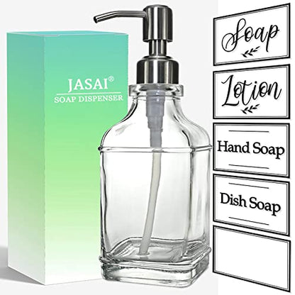 JASAI Antique Design Soap Dispenser with Rust Proof 304 Stainless Steel Pump, Refillable Glass Soap Dispenser with 10Pcs Clear Stickers, Premium Kitchen & Bathroom Soap Dispenser - color: 1 Pack