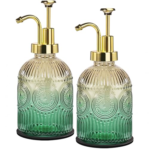 Amolliar 12 Oz Vintage Glass Bathroom Soap Dispensers with Pump, 2 Pack Refillable Kitchen Dish Soap Dispenser with Stripe, Antique Rustic Hand Soap Liquid Bottle (Green Gradient-Golden Pump) - color: Green Gradient-golden Pump 2p