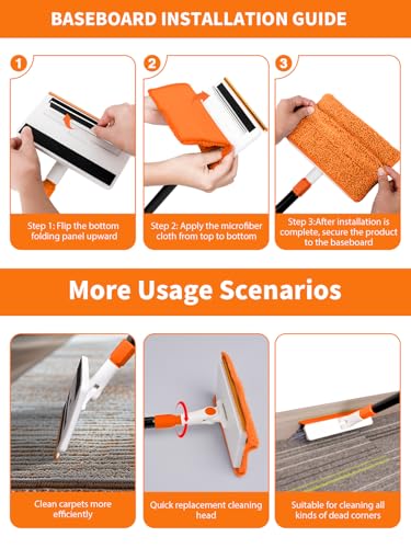 4-in-1 Baseboard Cleaning Tool with Extendable Handle 5 Reusable Pads 1 Carpet Rake Stiff Bristle Brush Multi-Surface Baseboard Brush for Cleaning Baseboard Wall Carpet Floor Bathroom Kitchen Pet Hair