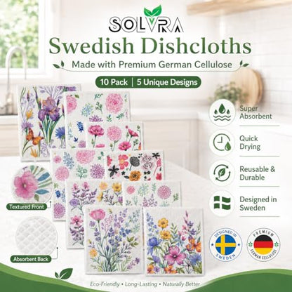 10 PCS Flower Print Swedish Dishcloths for Kitchen 100% Biodegradable, Reusable Cellulose Sponge Cloths Ultra Absorbent, Eco Friendly Cleaning Towels Dishcloths for Washing Dishes & General Cleaning - color: 10 Pcs-flowers Print