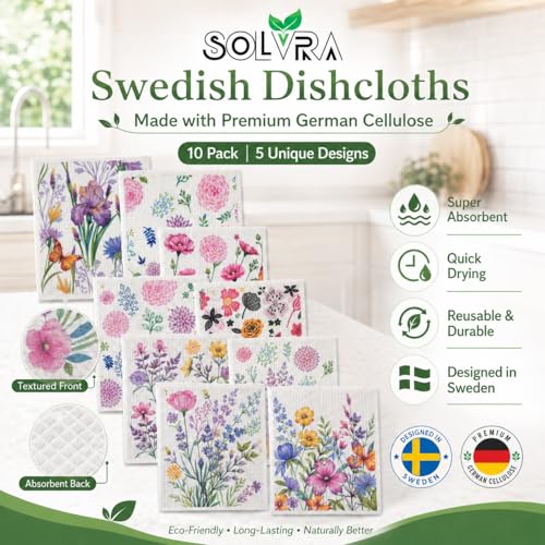 10 PCS Flower Print Swedish Dishcloths for Kitchen 100% Biodegradable, Reusable Cellulose Sponge Cloths Ultra Absorbent, Eco Friendly Cleaning Towels Dishcloths for Washing Dishes & General Cleaning - color: 10 Pcs-flowers Print
