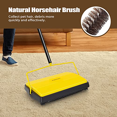 Carpet Sweeper Manual Push with Horsehair Brush, Electrostatic Floor Roller Sweeper Broom Non Electric for Pet Hair, Rug (Yellow)