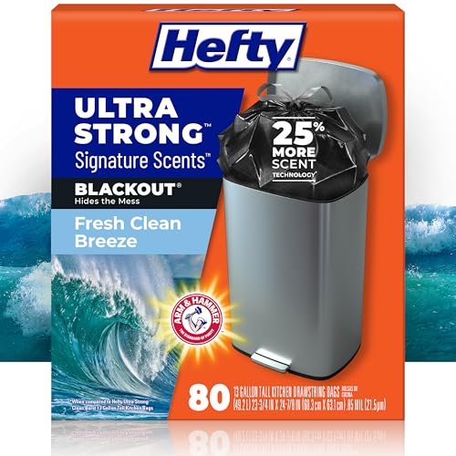 Hefty Ultra Strong Signature Scents 13 Gallon Trash Bags, Fresh Clean Breeze Scent, Tall Kitchen Trash Bags with 25% More Scent Technology, Blackout, 80 Count - style: Fresh Clean Breeze-Black