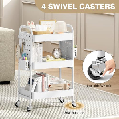 KINGRACK 3 Tier Rolling Cart with DIY Pegboard, Metal Utility Cart with Wheels, Hooks & Baskets, Sturdy Storage Organizer for Craft, Bathroom, Kitchen, Office, Nursery, Classroom (White) - color: Pure White
