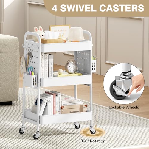 KINGRACK 3 Tier Rolling Cart with DIY Pegboard, Metal Utility Cart with Wheels, Hooks & Baskets, Sturdy Storage Organizer for Craft, Bathroom, Kitchen, Office, Nursery, Classroom (White) - color: Pure White