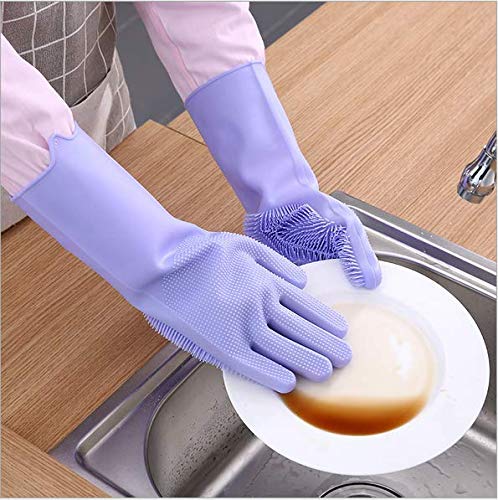 Silicone Dishwashing Gloves, Pet Grooming Rubber Scrubbing for Dishes, Sponge Wash Cleaning with Scrubbers (13.6" L) - color: Blue