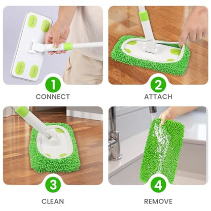 Reusable Microfiber Floor Mop System, Wet & Dry Sweeper Kit, Includes 1 Sweeper Handle, 3 Washable Chenille Mop Pads, Dry & Wet Use for Hardwood, Tile, and Laminate Floor, Green - color: Green