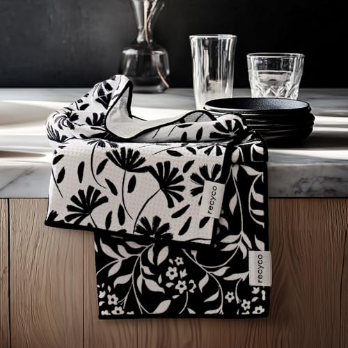 RECYCO Waffle Kitchen Towel Set of 2 - Quick Dry Microfiber Sustainable Dish Towels - Ultra Absorbent Reusable Cleaning Tea Towels - Lightweight Hand Towels,16”x 28”, Black & White Florals - color: Black & White Florals