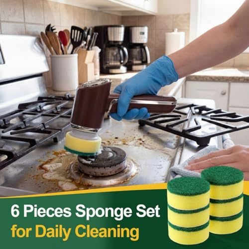 Saillong 6 Pcs Heavy Duty Power Scrubber Sponges Pad, Electric Spin Cleaning Brush Replacement Sponge Brush Heads, Replacement Scouring Pads Accessories for Kitchen, Bathroom, Floor, Tile, Car