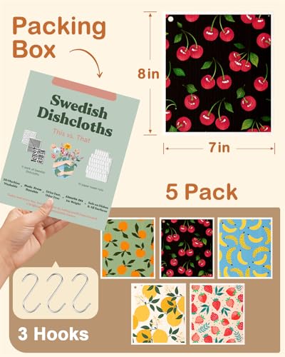 Miss Adola Swedish Dishcloths for Kitchen with Hooks - Reusable Dish Cloths for Washing Dishes Fast Drying Cute Fun 5 Pack Swedish Dish Towels Washable Cleaning Sponge, Fruit - color: Fruit