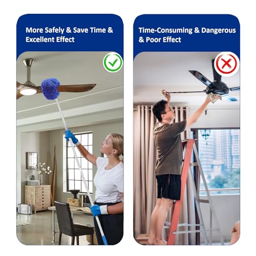 Max 66'' Ceiling Fan Cleaner Duster Reusable Microfiber Ceiling Fan Blade Cleaner Removable Duster with Extension Pole for Cleaning Walls Bookshelves Furniture Door Window Top, Jewel Blue, 1 Pack
